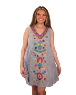 SEE AND BE SEEN SLEEVELESS FLORAL EMBROIDERED TIERED DRESS