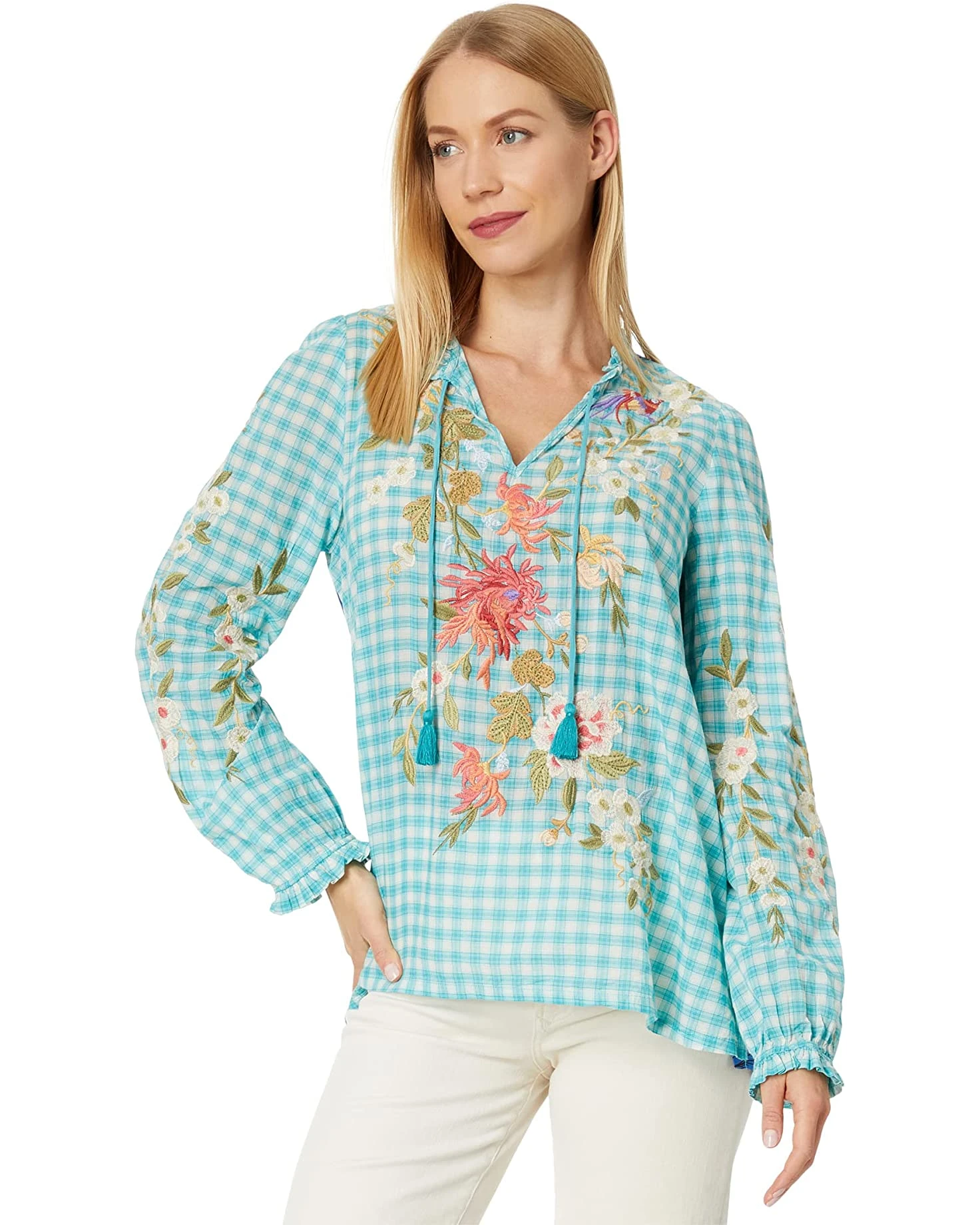 JOHNNY WAS Nalina Ruffle Scarf Back Blouse